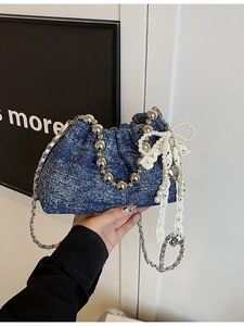 Women Vintage Denim Drawstring Cloud Bag With Artificial Pearl Metal Bead Handle Lace Bow Fashion Chain Shoulder Crossbody Bucket Bag