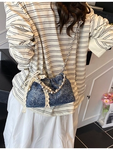 Navy sequin bucket bag with pearl chain handle and silver chain strap for women