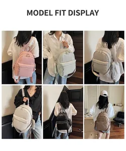 Collage of chic women's backpacks in five colors shown on models in indoor settings