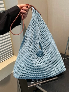 Women Large Capacity Hollow Out Woven Tote Bag Vacation Beach Shoulder Bag PU Leather Handle Casual Summer Travel Handbag