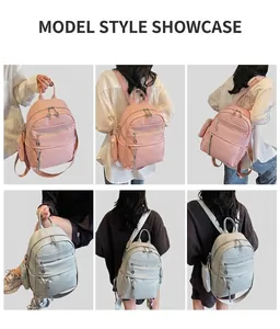 Detailed views of pink and blue stylish backpacks with dual zippers and woven straps