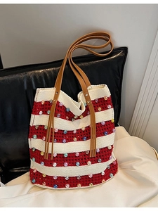 Sac Fourre-tout Tricoté À Rayures Avec Künstliche Perles Colorées Grande Capacité Sac À Épaule Tricoté Pour Femmes Vacances Été