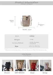 Detailed dimensions and four color variants of the nylon mini drawstring bucket bag