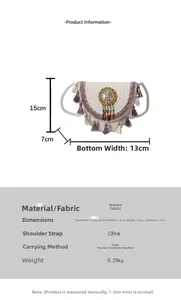 Detailed size specifications of the bohemian woven tassel bag with dimensions and weight