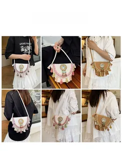Detailed views of Bohemian woven straw saddle bags with colorful tassels and embroidery