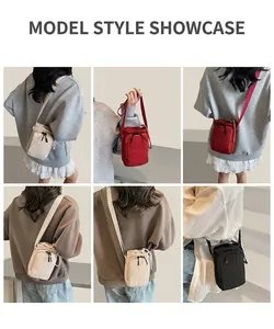 Detail view showing casual nylon mini bucket bags in cream, red, and black with drawstrings