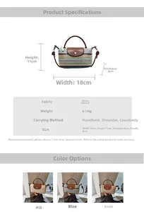 Detail chart of handmade straw woven mini bag showing 18x11x6cm dimensions and features