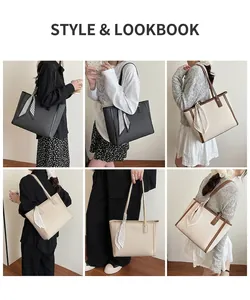 Litchi pattern leather tote bags in black and beige with decorative scarves and model shots