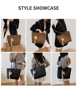 Detailed views of leather tote bag in black and coffee brown with cute bear charm pendant