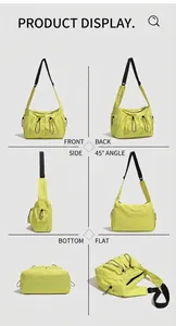 Detailed multi-angle views showing front, side, and back of the neon nylon tote bag