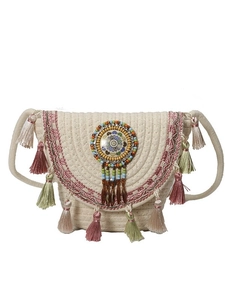 Borsa a tracolla boho in paglia intrecciata con nappe colorate e finiture ricamate