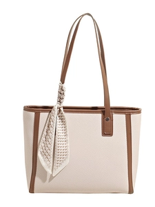 Minimalist beige tote bag with brown leather trim and stylish patterned scarf handle