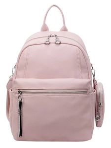 Pink lychee grain leather backpack for women with silver zippers and small coin pouch