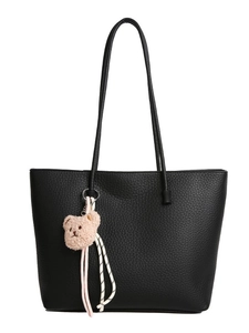 Large black lychee pattern leather tote bag for women with a cute plush bear charm