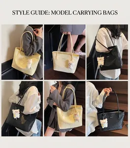 Tote bag with teddy bear charm and letter texture shown in multiple outdoor lifestyle views