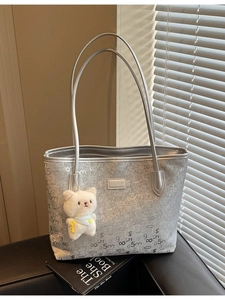 Large Capacity PU Leather Tote Bag For Women Sophisticated Top Handle Shoulder Bag With Bear Pendant Digital Print Pattern
