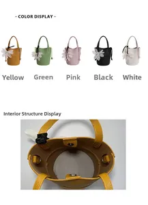 Detailed views of leather bucket bag interior with magnetic closure and color options