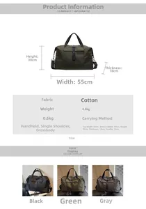 Detailed size chart for large travel duffle bag showing 55x30x18cm dimensions and colors