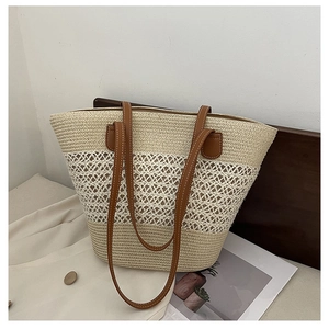 Close-up of beige woven tote bag featuring white openwork stripes and brown leather straps