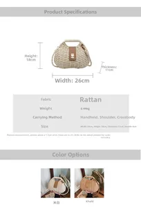 Detailed size specifications and material info for woven straw crossbody beach bag