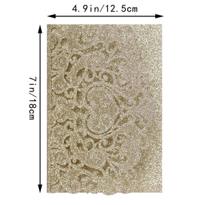Detailed view of champagne gold glitter laser-cut lace invitation card measuring 7x4.9 inches