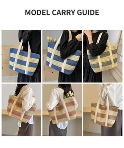 Collage of striped straw beach bags showing multiple colors and casual carrying styles