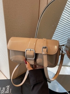 Fashionable khaki square shoulder bag with silver buckle and front pockets for women