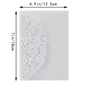 Detailed size chart of white laser cut rose invitation cover 12.5cm by 18cm dimension