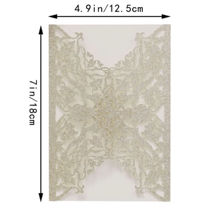 Detailed size chart for glitter laser-cut invitation pockets showing 12.5x18cm dimensions
