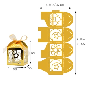 Detail of laser-cut gold Ramadan candy box showing dimensions and flat assembly template