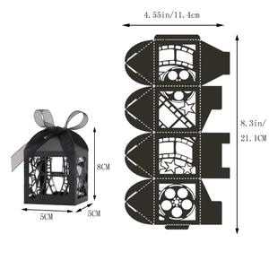 Black laser-cut film theme favor box with ribbon detail and flat template view