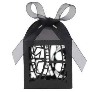 Black film theme candy box with hollow star pattern and elegant black organza ribbon