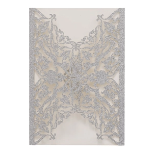 Sparkly silver glitter laser cut floral wedding invitation cover with hollow lace design