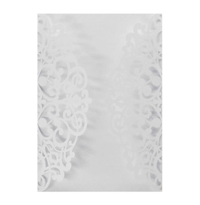 Detailed laser-cut white wedding invitation cover with elegant floral pattern