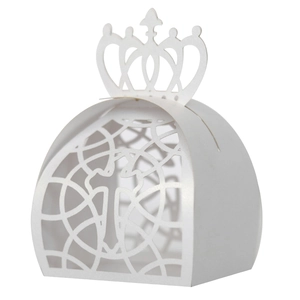 Laser-cut white crown favor box with intricate cross pattern for wedding and baptism