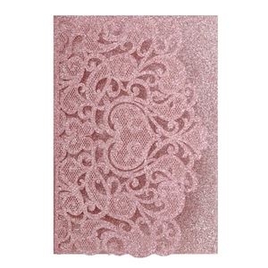Detailed laser-cut floral pattern on rose gold glitter paper wedding invitation