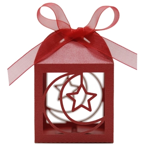 Detail of red hollowed-out star and moon gift box with matching red organza ribbon bow