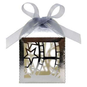 Detailed view of silver film-themed favor box with hollow stars and satin ribbon