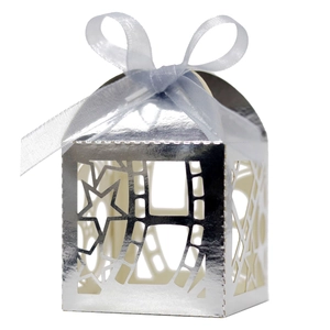 Elegant silver laser-cut star pattern gift box with a grey silk ribbon bow for parties