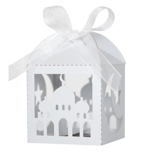 Laser-cut white gift box with star and moon patterns for Ramadan and Eid celebrations