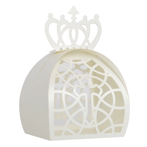 Detailed laser-cut pattern and crown top on white pearlescent wedding favor box