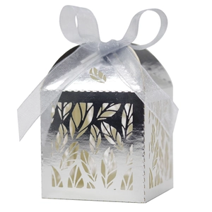 Mirror silver laser cut gift box with leaf patterns and white organza ribbon bow
