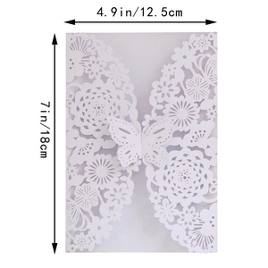 Laser cut white wedding invitation cover with floral butterfly pattern 12.5x18cm