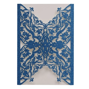 Navy blue glitter laser-cut invitation sleeve with elegant European damask patterns