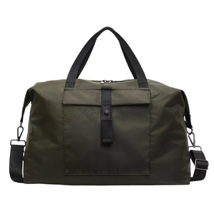 Large military green travel duffel bag with black straps and adjustable shoulder strap