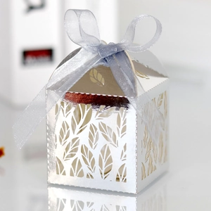 Macro shot of silver hollow leaf laser-cut gift box with light blue organza ribbon