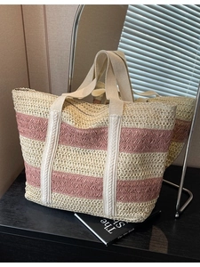Women Large Capacity Straw Woven Tote Bag Striped Color Block Casual Beach Shoulder Bag Summer Vacation Fashion Handbag