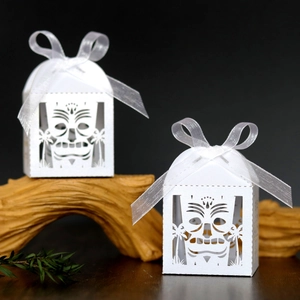 Laser Cut Tiki Mask Candy Gift Box With Ribbon Bow Tropical Palm Tree Hollow Out Party Favor Box For Wedding Birthday