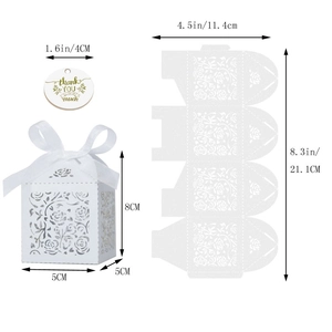 Detailed laser-cut white rose gift box with Thank You tag and flat layout dimensions