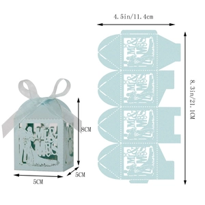 Detail view of laser-cut Mr & Mrs wedding favor box with dimensions and flat layout